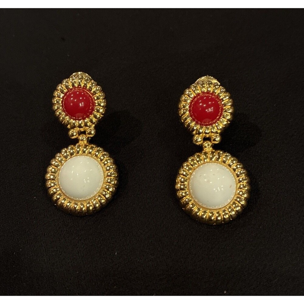 Monet Clip On Earrings Red White Cabochon Gold Tone Vintage Dangle